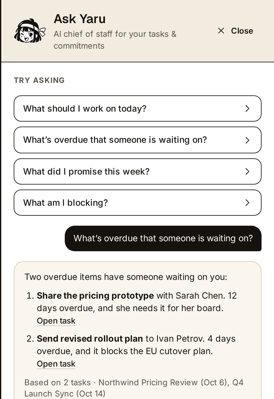 Ask Yaru panel with suggested questions and an answer listing two overdue items with links