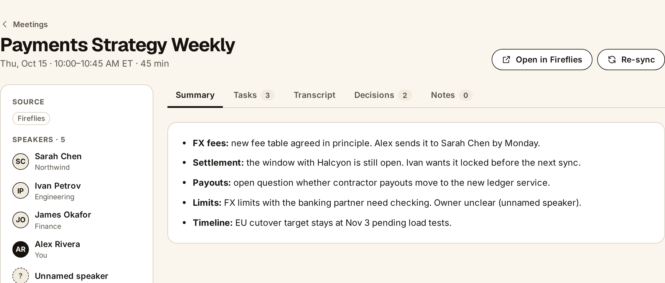 Meeting page with summary, speakers, tabs for tasks, transcript, decisions and notes