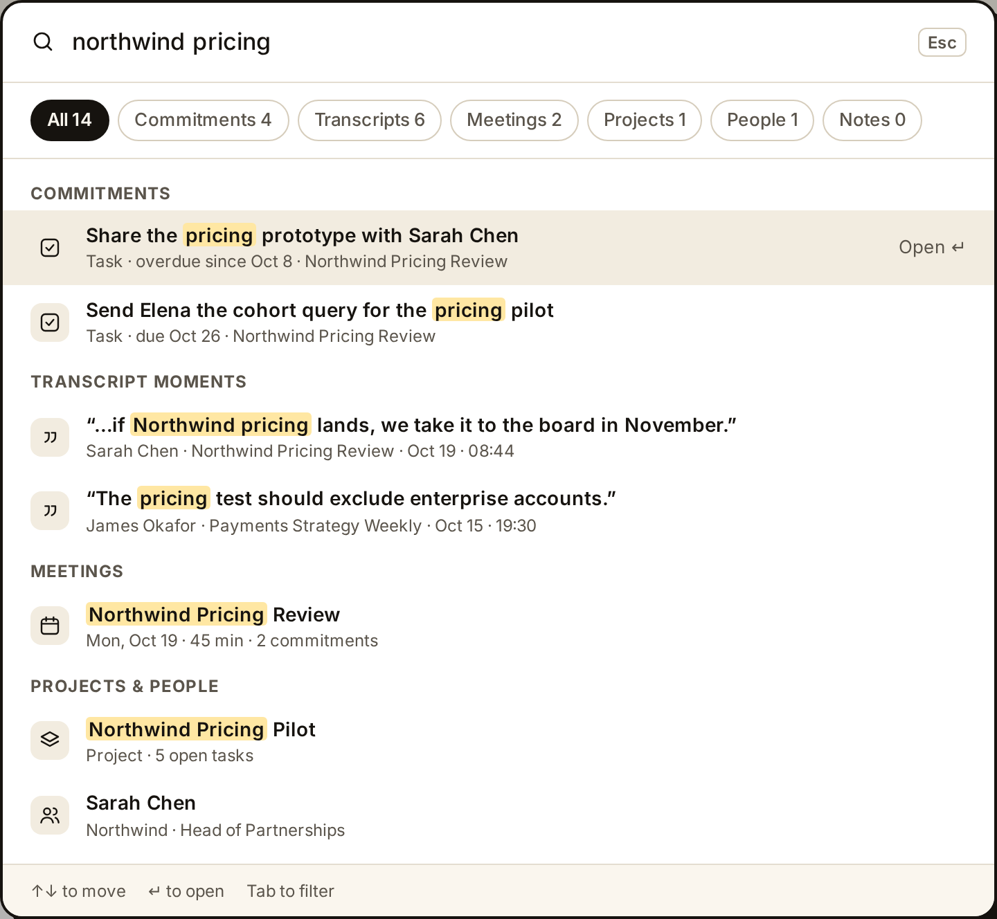 Search palette with results grouped into commitments, transcript moments, meetings, projects and people